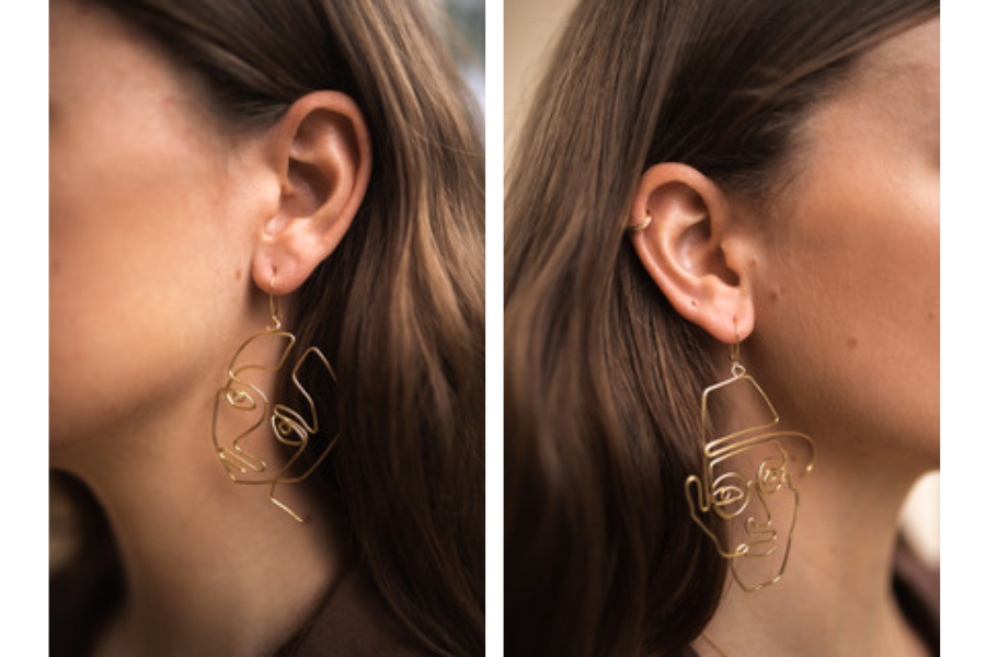 Voss earrings displayed worn, created by fencesitter