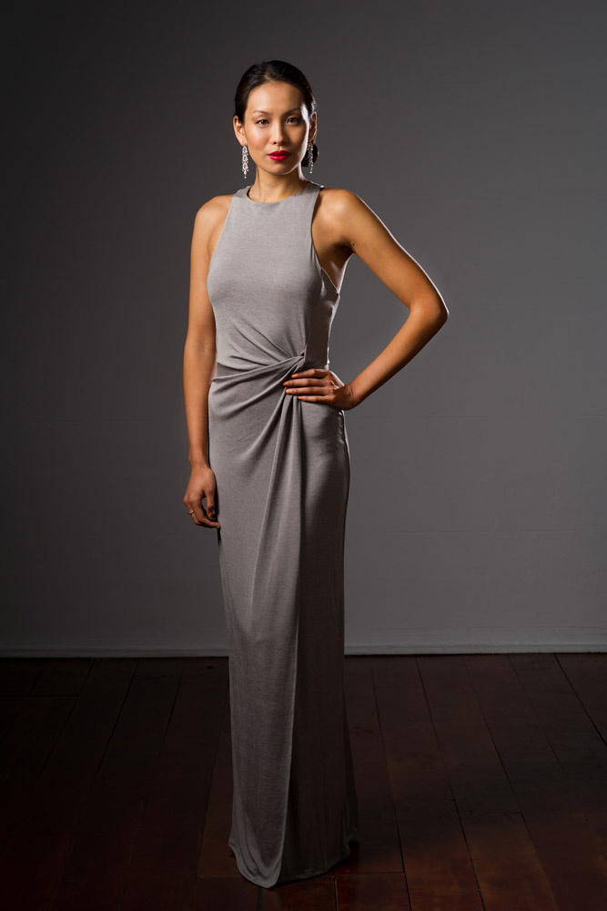 Cathy-Di Zhang in a grey floor length dress